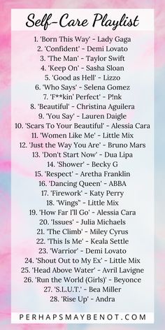 the self care playlist is shown in pink and blue