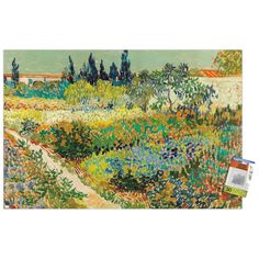 a painting of a garden with flowers and trees