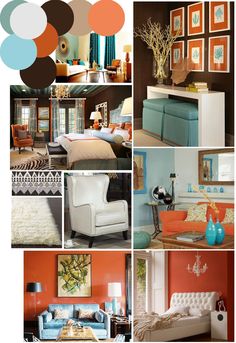 a collage of different rooms with orange and blue accents