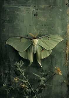 a large moth sitting on top of a green wall next to some leaves and flowers