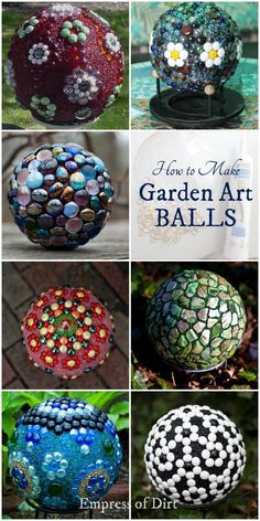 different types of garden art balls with text overlay