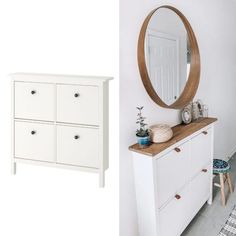 a white dresser sitting next to a mirror on top of a wooden cabinet in a room