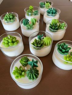 there are many succulents in small bowls on the table with white sauce