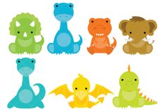 four different colored dinosaurs sitting next to each other, one with wings on its head