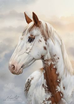 a painting of a white horse with brown spots