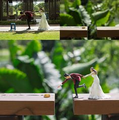 the bride and groom are playing with each other in their wedding day attire, as well as miniature figurines