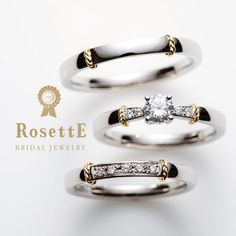 three wedding rings with diamonds on them and the words rosette bridal jewelry written below