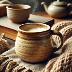 a coffee cup sitting on top of a table next to two bowls and a book