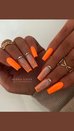 Summer Nails 2023 Summer Nails Neon, Neon Orange Nails, Orange Acrylic Nails, Neon Acrylic Nails, Neon Nail Designs, Orange Nail Designs, French Tip Nail Designs, Summer Acrylic Nails, Summer Nails Colors