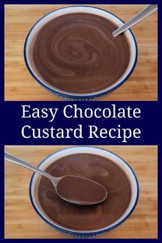 two pictures showing how to make chocolate custard recipe