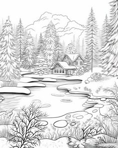 a drawing of a house in the woods with trees and snow on the ground next to it