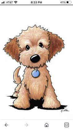 a drawing of a brown dog with a blue tag on it's collar sitting down