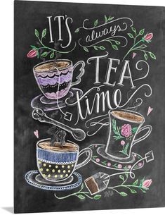 it's always tea time with two cups of coffee on a chalkboard background