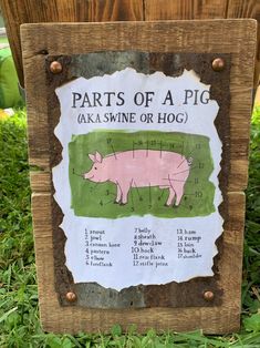 a pig sign on the side of a wooden box in grass with information about parts of a pig