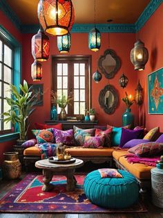 a living room filled with lots of furniture and colorful pillows on top of it's walls