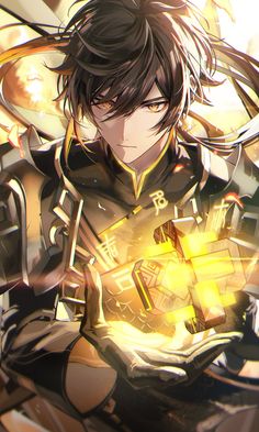 an anime character with black hair and gold armor holding a yellow object in his hands