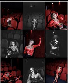 black and white images of women in red dresses sitting on the theater seats with their arms up