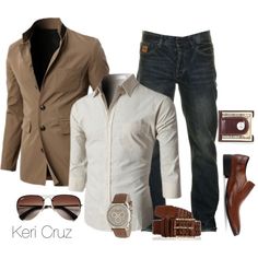 Stylish by keri-cruz on Polyvore featuring Ray-Ban, Doublju, Two Stoned, Kenneth Cole and Emporio Armani Business Casual Jeans, Outfit Hombre, Stylish Man, Traje Casual, Kitenge