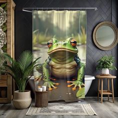 a shower curtain with a frog on it