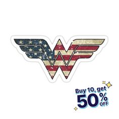 the wonder woman logo sticker is on sale for $ 50 off, and it has an american flag design