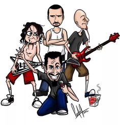 cartoon caricature of five people with guitars and one man holding a microphone in front of them