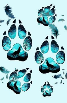 an animal's paw prints are shown with feathers flying in the air above them