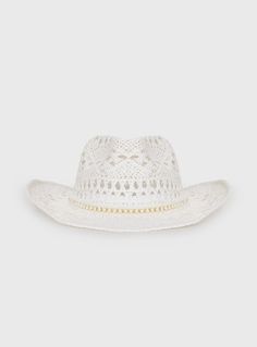 Straw cowboy hat  Moulded brim, beaded detail  100% paper Beaded Fedora Sun Hat, Beaded Hat With Curved Brim, White Beaded Hat Bands For Summer, Casual Beaded Hats For Spring, White Straw Hat For Western-themed Summer Events, Adjustable Beaded Fedora For The Beach, Casual Beaded Fedora Sun Hat, Beaded Wide Brim Straw Hat For Spring, Spring Beaded Wide Brim Straw Hat