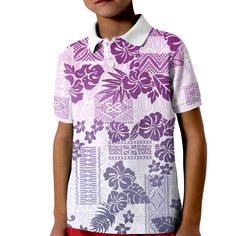 Vintage Hawaii Kid Polo Shirt Hibiscus Tapa Tribal With Hawaiian Quilt Pattern Violet LT9 Kid Violet - Polynesian Pride Hawaii Kids, Hawaiian Quilt Patterns, Hawaiian Quilt, Hawaiian Quilts, Vintage Hawaii, Island Life, Fashion Vintage, Collar And Cuff, Tropical Print