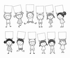 children holding up blank signs with their faces drawn in black and white, on a white background