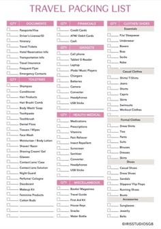 the travel packing list is shown with pink and white text on it, which reads