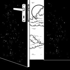 an open door leading to the sky with clouds and stars on it in black and white