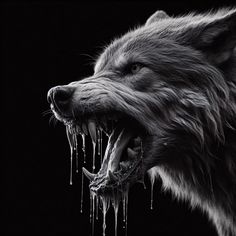 a wolf with its mouth open and dripping from it's teeth in the dark