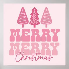 a pink merry christmas card with trees on the front and bottom, in red ink