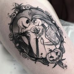 Lucy And Ricky Tattoo, Nightmare Before Christmas Tattoo Jack And Sally, Tim Burton Back Tattoo, The Lovers Jack And Sally Tattoo, Jack N Sally Tattoos, Jack And Sally Tattoo Design, Sally And Jack Tattoo, Jack And Sally Tattoo Ideas, Sally Tattoo Tim Burton