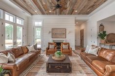 Modern farmhouse sitting oom with natural shiplap ceiling Natural Shiplap, Shiplap Ceiling