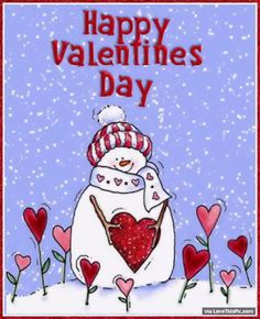 a snowman holding a heart in his arms with the words happy valentine's day