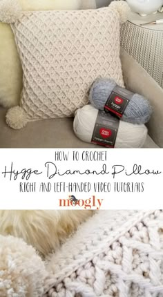 a white couch covered in pillows and blankets with text overlay that says how to crochet hygge diamond pillow