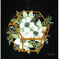 a painting of white flowers in a hexagonal frame hanging from a chain on a black background