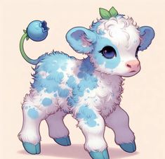 a blue and white baby cow standing next to a flower