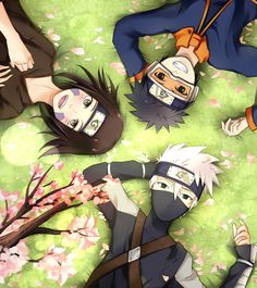 three anime characters laying on the ground