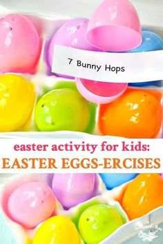 an easter egg box filled with colorful eggs and the words, 7 bunny hops