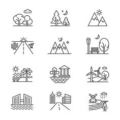 the line icons for different types of buildings, trees and other things that can be seen in