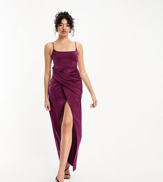 Dresses by ASOS Tall Best dressed: secured Square neck Adjustable straps Drape detailing Front split Regular fit Sleeveless Purple Satin Party Dress, Plum Satin Dress, Sleeveless Purple Satin Maxi Dress, Purple Fitted V-neck Slip Dress, Asos Purple Dress, Dress With Drape, Chic Purple V-neck Midi Dress, Cami Midi Dress, Satin Cami