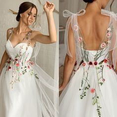 two pictures of a woman wearing a white dress with flowers on the back and side