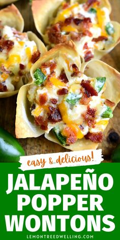 jalapeno popper wontons with bacon and cheese on them, sitting on a cutting board