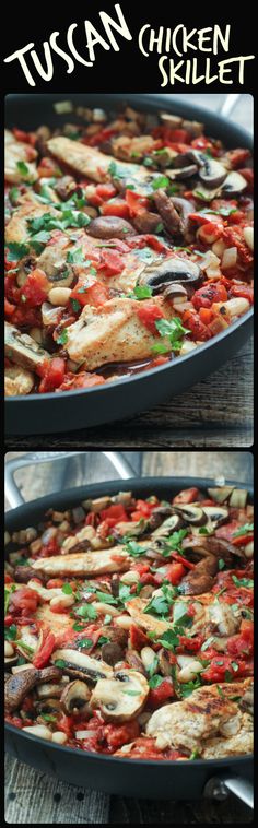 chicken skillet with tomatoes, mushrooms and spinach is shown in three different stages