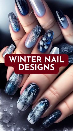 Dark Blue Winter Nails, Line Nail Art, Lines On Nails, Winter Nail Designs, Xmas Nails, Winter Nails, Christmas Nails, Gel Nails, Nail Designs