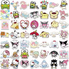 an assortment of cartoon stickers on a white background with the words hello kitty and other characters