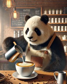 a panda bear sitting at a table with a cup of coffee in front of him