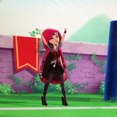 a cartoon character standing in front of a tv screen with her hand up to the air